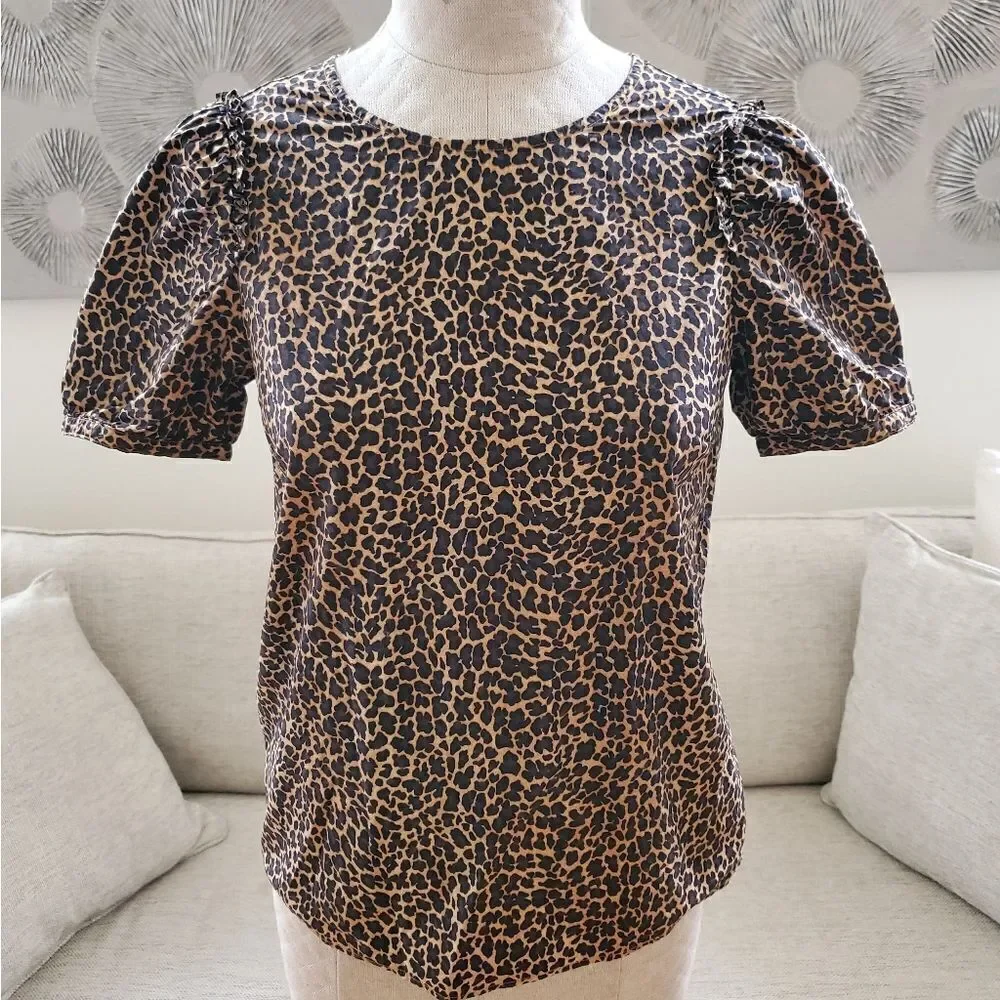 J. Crew Short Sleeve Puff Sleeve Leopard Print Top Size XS